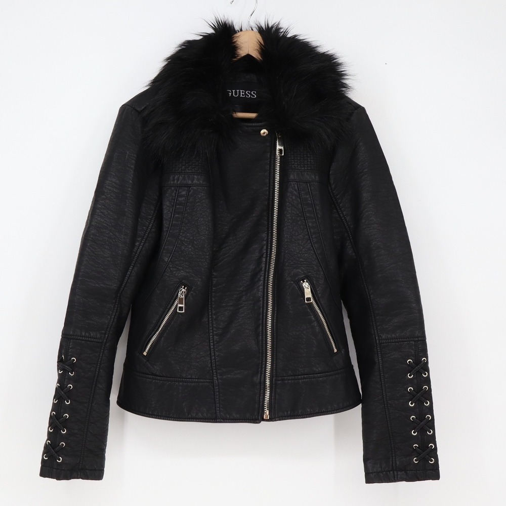 Guess Moto Jacket Womens XL Black Faux Fur Collar Lace Up Sleeve Excellent